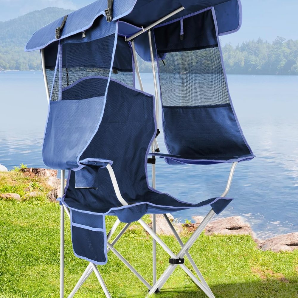 Beach Chair with Canopy Shade, Folding Camping Chair with Canopy with Cup Holder, Side Pocket for Camp, Beach, Tailgates, Fishing - Support 330 LBS