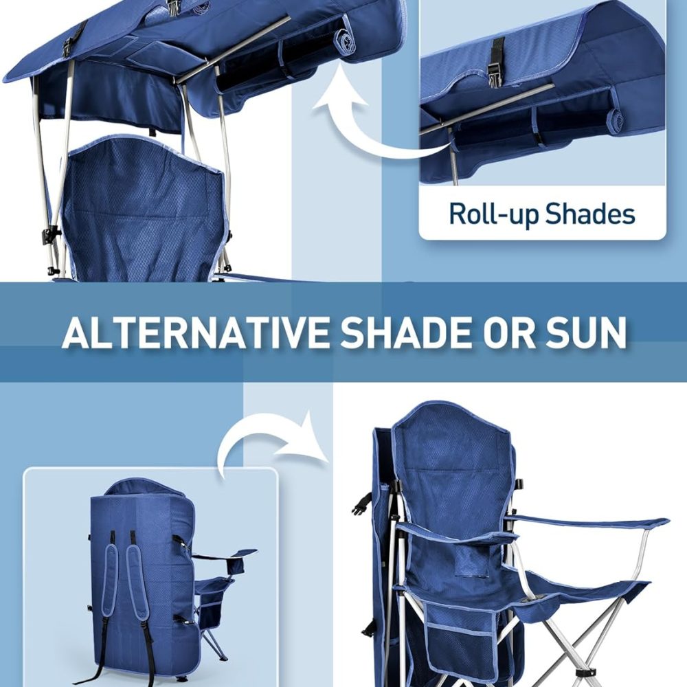 Beach Chair with Canopy Shade, Folding Camping Chair with Canopy with Cup Holder, Side Pocket for Camp, Beach, Tailgates, Fishing - Support 330 LBS - Image 5