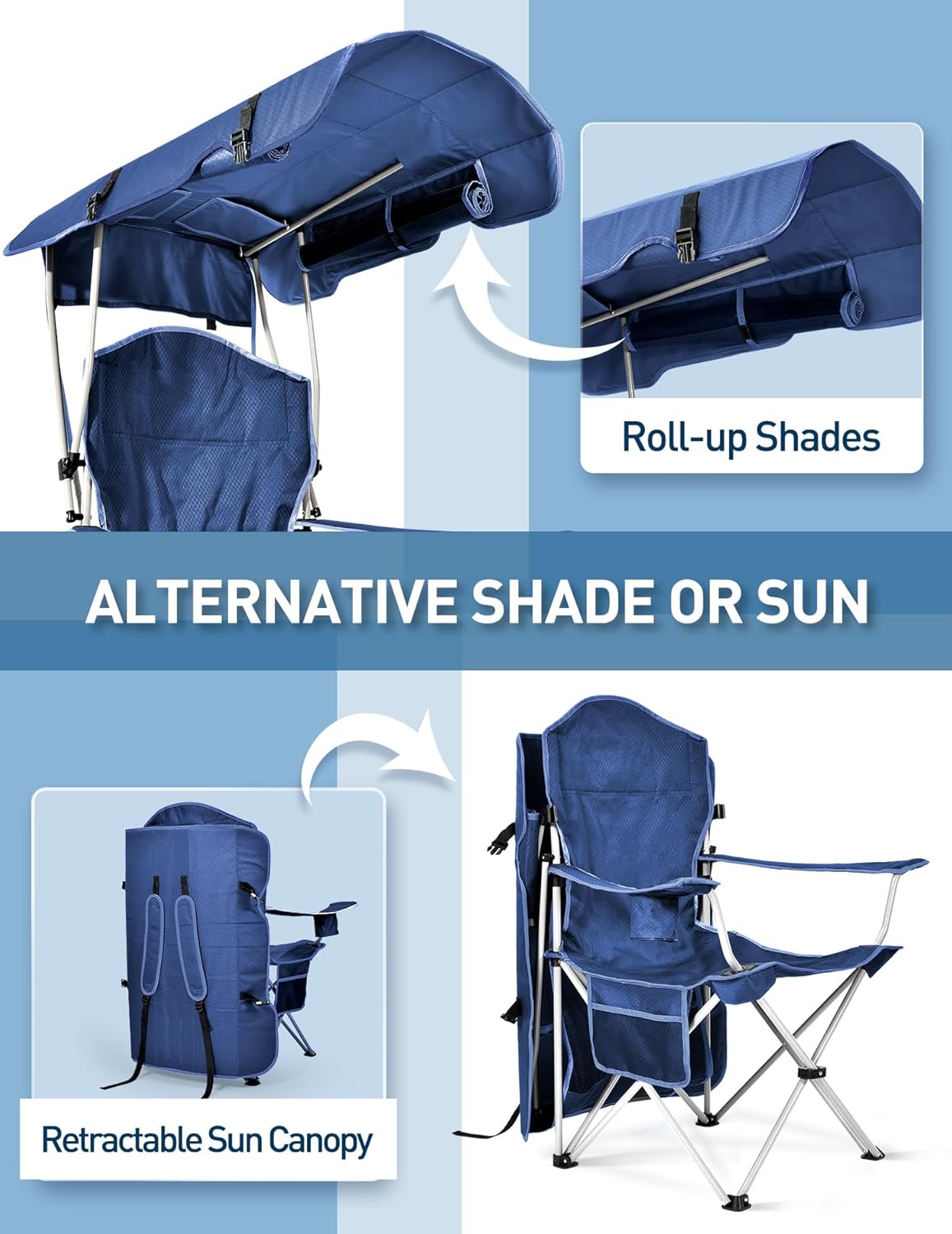 Beach Chair with Canopy Shade, Folding Camping Chair with Canopy with Cup Holder, Side Pocket for Camp, Beach, Tailgates, Fishing - Support 330 LBS - Image 5