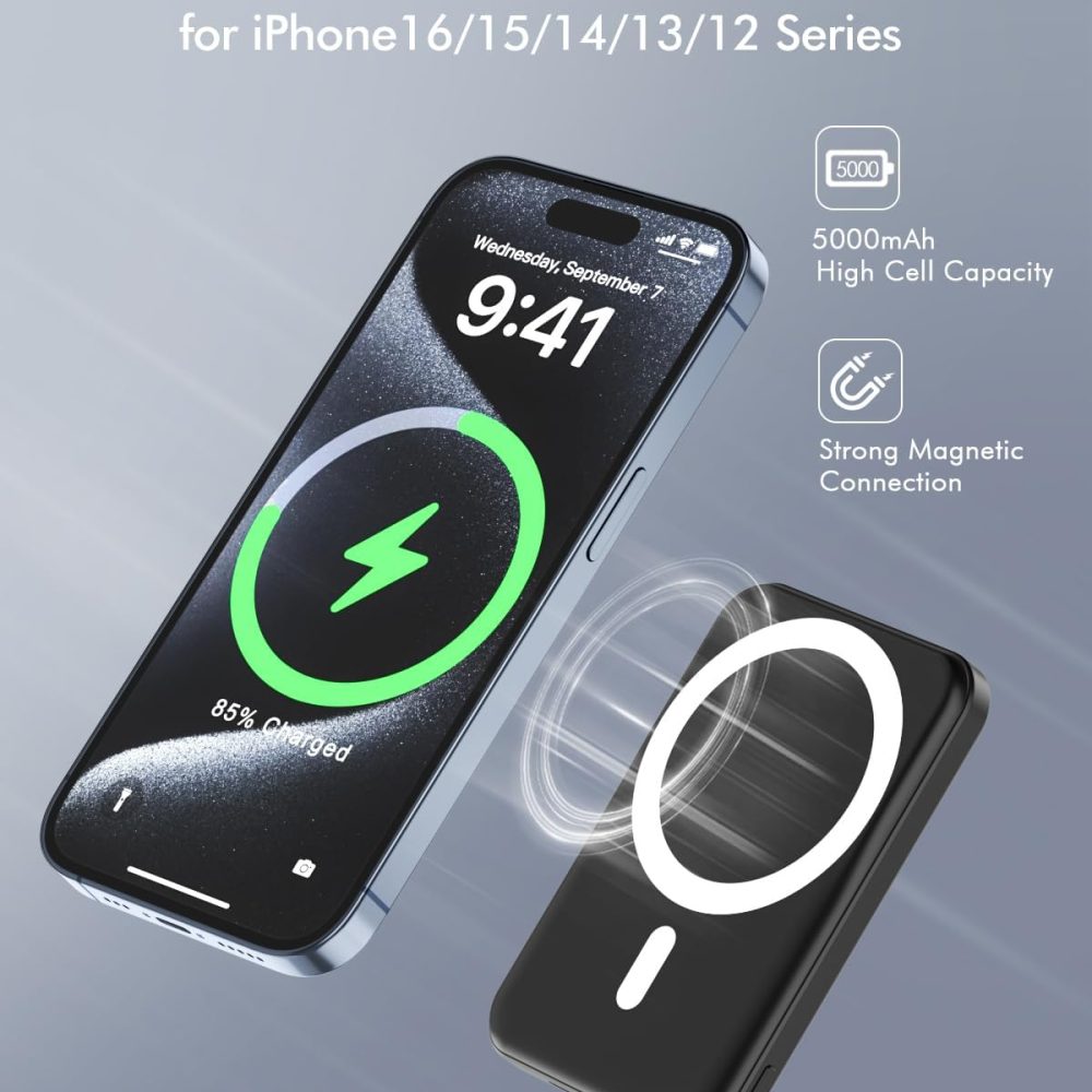 podoru for Magsafe Battery Pack, 5000mAh Magnetic Power Bank with Type-C Cable 20W PD Fast Charging Lighting Input Wireless Portable Charger for iPhone 16/15/14/13/12/ All Series-Black - Image 3