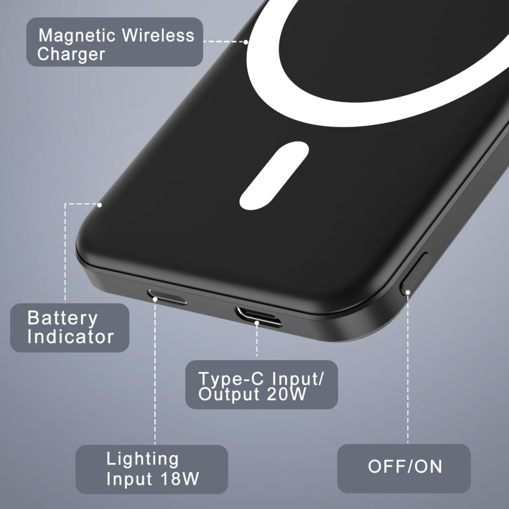 podoru for Magsafe Battery Pack, 5000mAh Magnetic Power Bank with Type-C Cable 20W PD Fast Charging Lighting Input Wireless Portable Charger for iPhone 16/15/14/13/12/ All Series-Black - Image 5