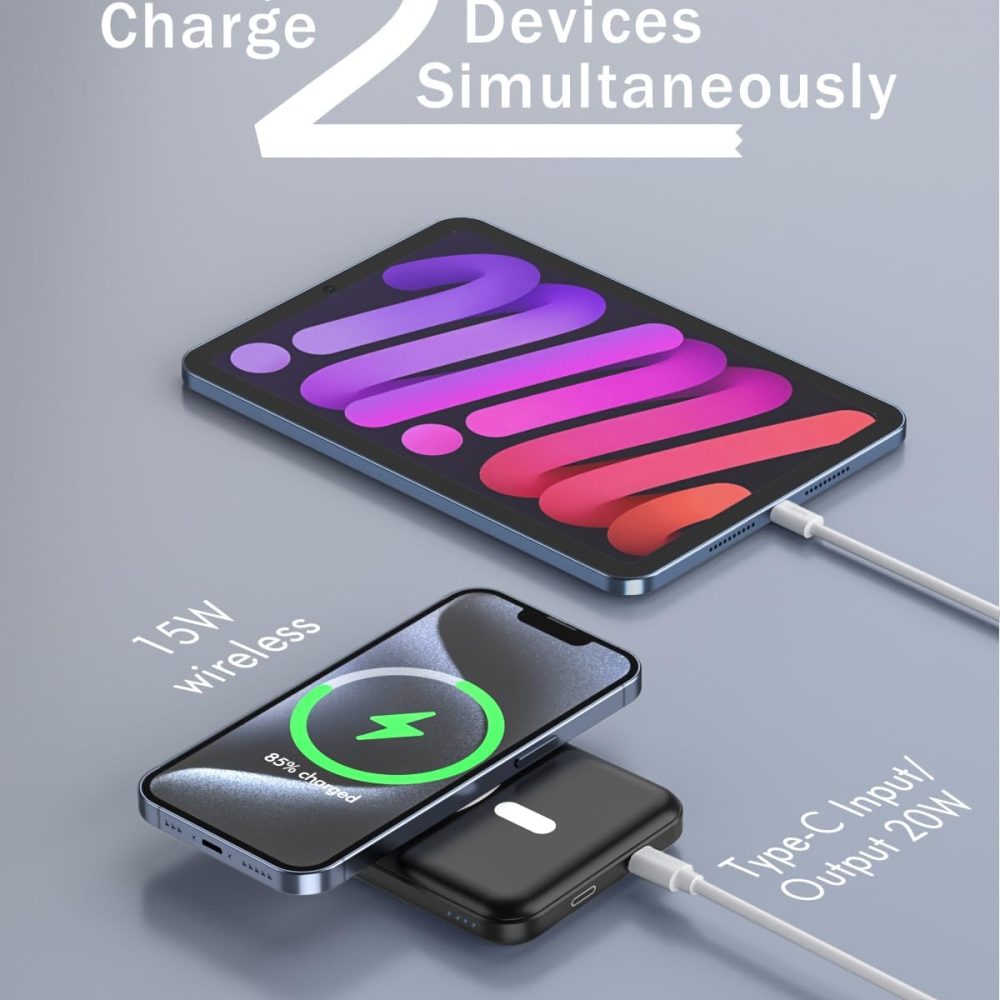podoru for Magsafe Battery Pack, 5000mAh Magnetic Power Bank with Type-C Cable 20W PD Fast Charging Lighting Input Wireless Portable Charger for iPhone 16/15/14/13/12/ All Series-Black - Image 6