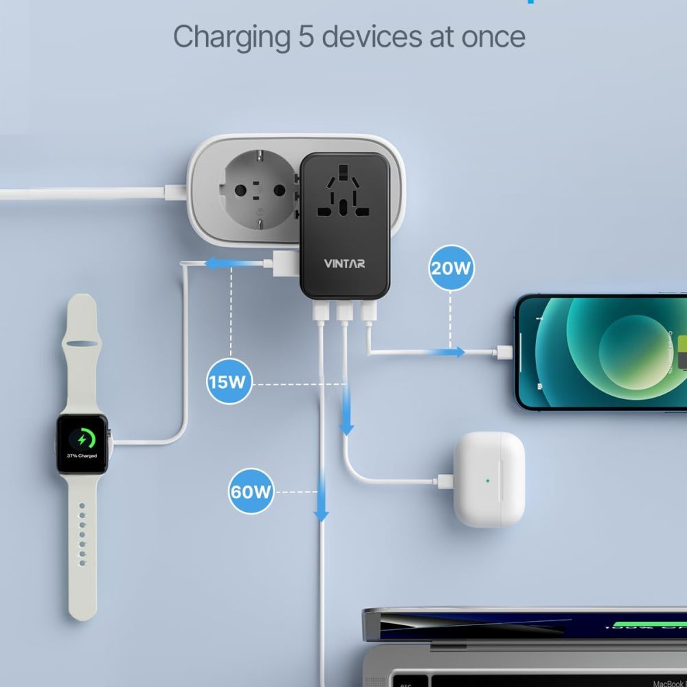 Universal Travel Adapter, VINTAR 100W GaN International Power Adapter with 3 USB C PD and 1 USB A QC, All in One Plug Adapter, Travel Adapter Worldwide for EU/UK/USA/AUS(Type C/G/A/I) - Image 4